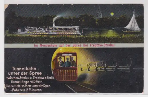 35271 Ak Treptow-Stralau Mondschein auf der Spree und Tunnelbahn 1911