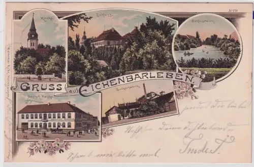 84760 Ak Lithographie Gruß aus Eichenbarleben Zuckerfabrik, Gasthof usw. 1898
