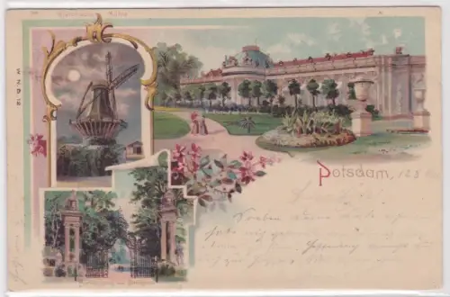 15033 Ak  Potsdam. Mehrbild: Parkeingang von Sanssouci, Historische Mühle...1900