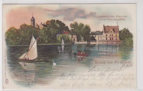 03564 Ak Gruss aus Potsdam. Jagdschloss Glienicke von der Havel aus gesehen.1901