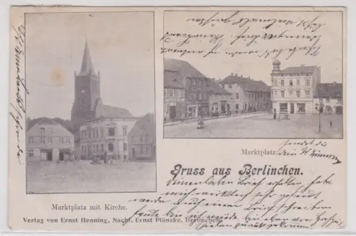 68229 Ak Gruss aus Berlinchen. Markplatz, Markplatz mit Kirche. 1905