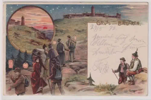 84697 Ak Lithographie Gruß vom Brocken Wanderer 1898