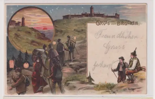 75807 Ak Lithographie Gruß vom Brocken Wanderer 1900