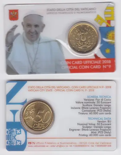 Vatikan 50 Euro Cent Münze 2018 Coincard No.9 Vatican City Euromünze (114677)