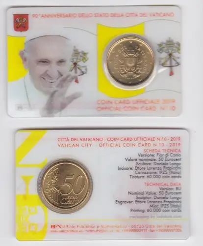 Vatikan 50 Euro Cent Münze 2019 Coincard No.10 Vatican City Euromünze (112893)