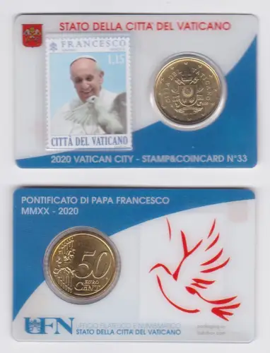 Vatikan 50 Euro Cent Münze 2020 Stamp & Coincard No.33 Vatican City (118717)