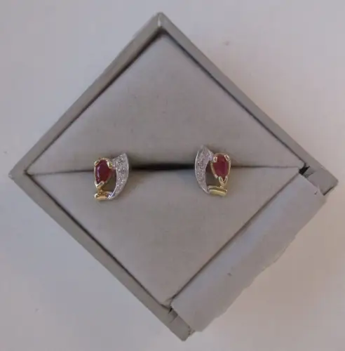 hochwertige 585er Gold Ohrringe Ohrstecker Rubin + 3 Diamanten (124693)