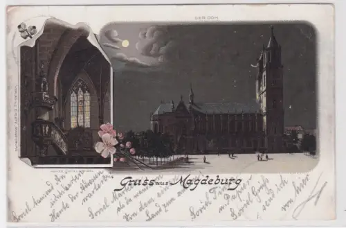 900647 Ak Lithografie Gruss aus Magdeburg. Der Dom im Mondschein 1898
