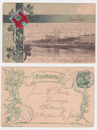 92689 Ak Magdeburg. Frachter auf der Elbe. mit Eichenlaub und Wappen. 1904