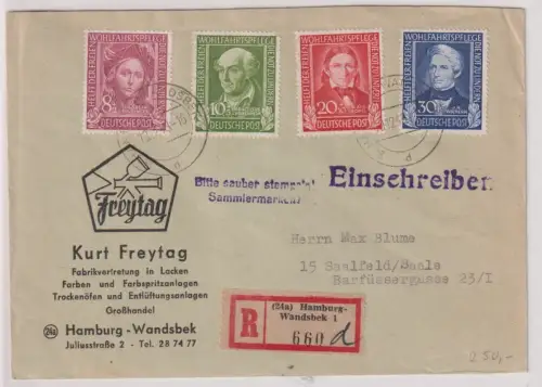 84711 BRD Einschreibebrief mit Michel 117-120 Wohlfahrtspflege 1949 gestempelt