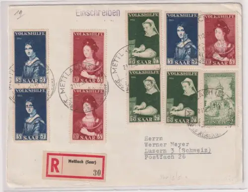 72856 Saarland Einschreibebrief mit Michel 373, 3x 376,377,378 Volkshilfe 1956