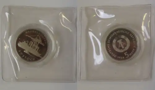 DDR Gedenk Münze 5 Mark Überseehafen Rostock 1988 PP (118953)