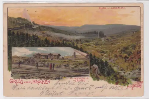 41600 Ak Gruss vom Brocken in Erwartung des Zuges. Blick in's Eckerloch. 1904
