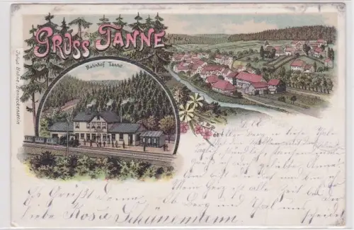 65864 Ak Lithographie Gruß aus Tanne im Harz Bahnhof, Totalansicht 1898