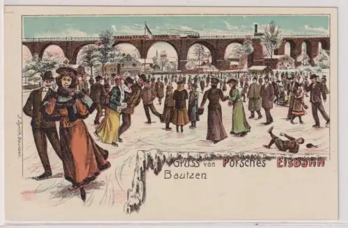 61573 Ak Lithographie Gruß von Porsches Eisbahn Bautzen um 1900