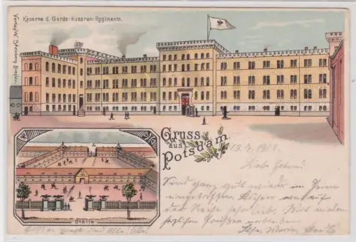53727 Ak Lithographie Gruß aus Potsdeam Kaserne des Garde Husaren Regiments 1902