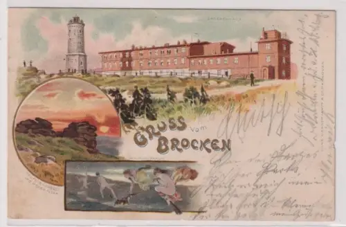 62970 Ak Lithographie Gruß vom Brocken Walpurgisnacht usw. 1898