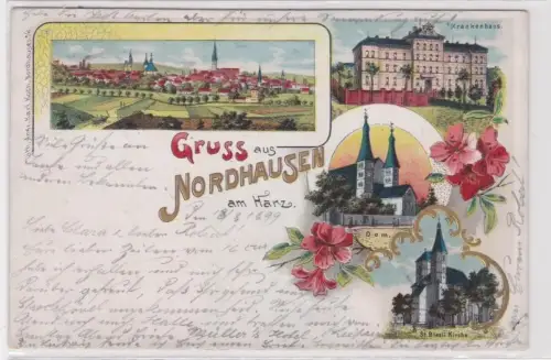 85182 Ak Lithographie Gruß aus Nordhausen am Harz Krankanhaus usw. 1899