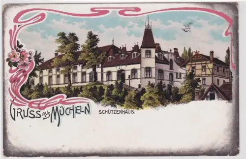 65132 Ak Lithographie Gruß aus Mücheln Schützenhaus um 1910
