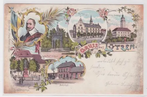 93983 Ak Lithographie Gruß aus Lützen Bahnhof, Rathaus usw. 1900
