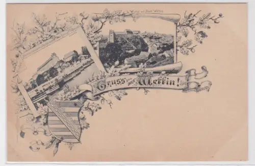 98652 Ak Gruss aus Wettin Stammschloss und Winkel, Wappen und Eichenlaub um 1900
