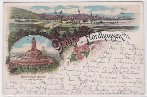 66250 Ak Lithografie  Gruss aus Nordhausen a.H. mit Kyffhäuser 1899