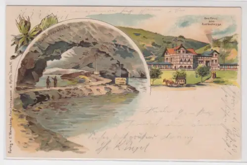 74364 Ak Lithografie Barbarossahöhle und Gasthaus zum Barbarossa Kyffhäuser 1901