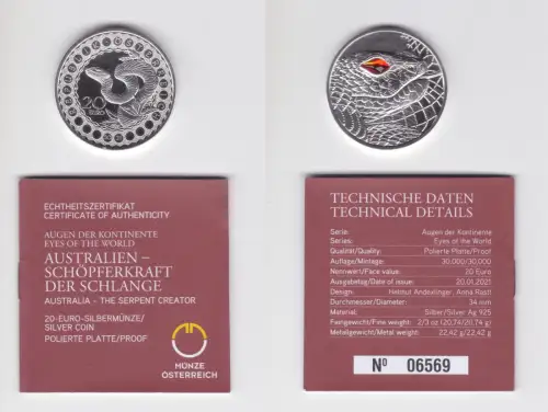 20 Euro Silber Münze Österreich Augen der Kontinente Australien 2021 PP (133062)