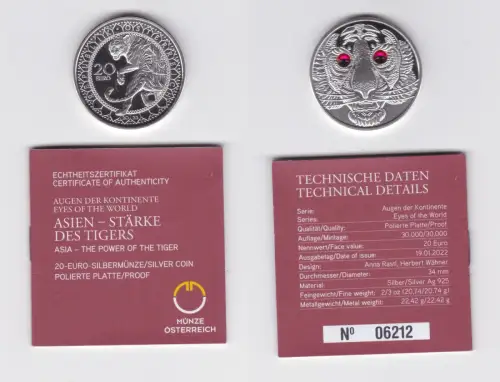 20 Euro Silber Münze Österreich Augen der Kontinente Asien 2022  PP (136745)