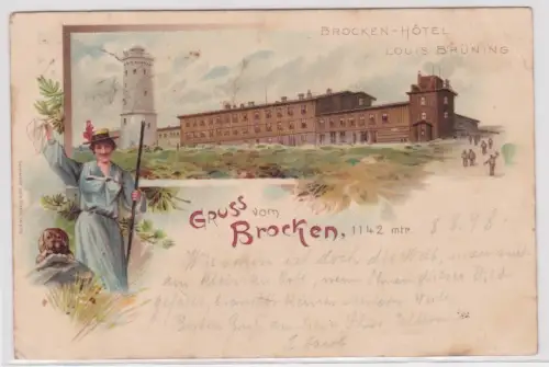 46557 Ak Lithographie Gruss vom Brocken Hotel Louis Brühning 1898