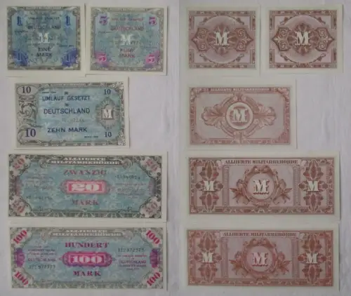 5 Banknoten 1 bis 100 Mark alliierte Besatzung 1944 kassenfrisch (108335)