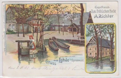 57850 Ak Lithografie Gruss aus Lehde im Spreewald Gasthaus Zum fröhlichen Hecht