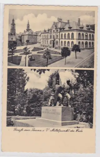 908315 AK Gruss aus Pausa i. V. Mittelpunkt der Erde. Stadtansicht, Denkmal.1942