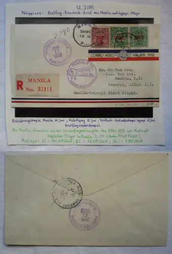 Erstflugbrief Einschreiben Manila nach Paracale-Legaspi-Naga 12.6.1937 (145451)