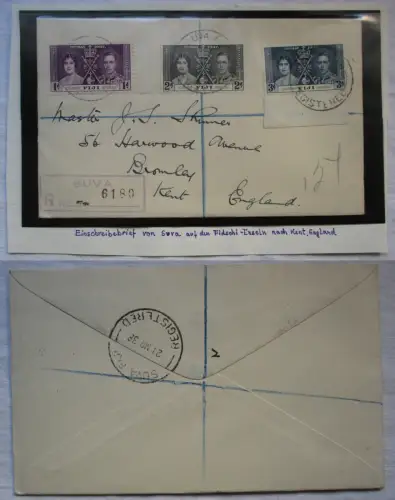 Einschreibebrief Suva Fiji Fidschi nach Kent England 1937 (130148)