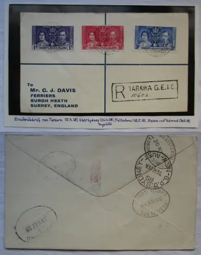 Einschreibebrief Tarawa Kiribati über Sydney nach Surrey England 1938 (131598)