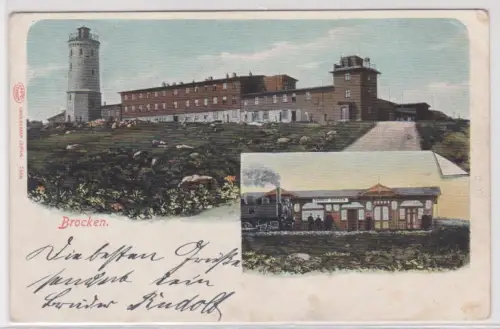 906335 Lithografie Ak Brocken. Brockenhotel,  Turm und Bahnhof . 1904