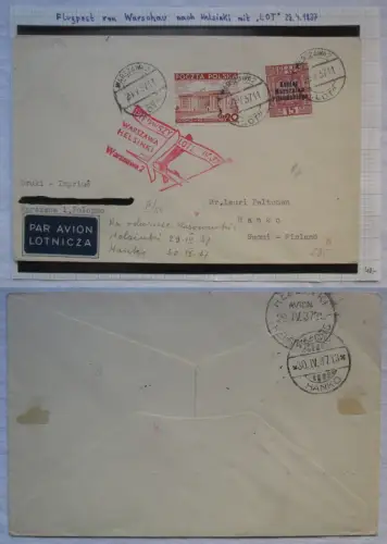 1937 Polen Luftpost Erstflugbeleg (FFC) Warschau nach Helsinki Finnland (135909)