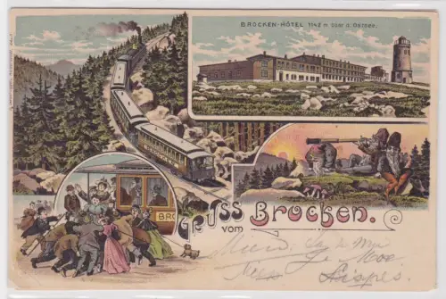 65639 Lithografie Ak Gruss vom Brocken.Brocken-Hotel 1142m.über d.Ostsee.um 1901