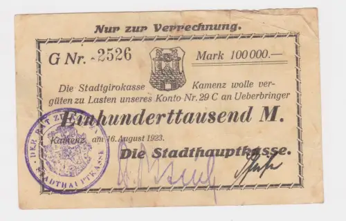 Banknote Inflation 100000 Mark Stadthauptkasse Kamenz 16.8.1923 (146146)