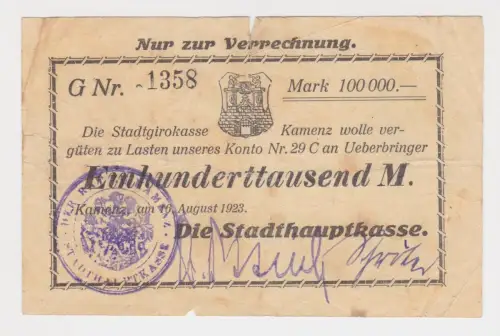 Banknote Inflation 100000 Mark Stadthauptkasse Kamenz 16.8.1923 (142524)