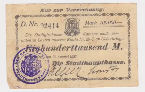 Banknote Inflation 100000 Mark Stadthauptkasse Kamenz 13.8.1923 (144477)