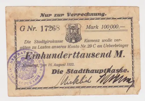 Banknote Inflation 100000 Mark Stadthauptkasse Kamenz 16.8.1923 (145771)