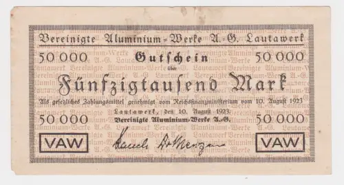 Banknote Inflation 50000 Mark ver. Aluminium Werke A.G. Lautawerk 1923 (144903)