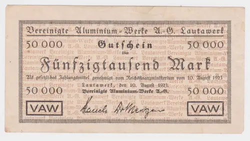 Banknote Inflation 50000 Mark ver. Aluminium Werke A.G. Lautawerk 1923 (144968)