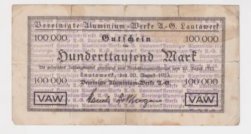 Banknote Inflation 100000 Mark ver. Aluminium Werke A.G. Lautawerk 1923 (143733)