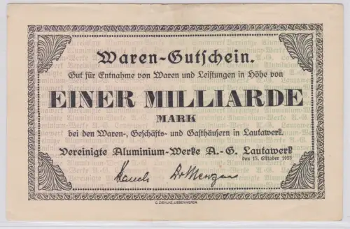 Banknote Inflation 1 Mill.Mark ver. Aluminium Werke A.G. Lautawerk 1923 (143733)