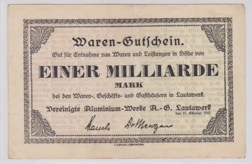 Banknote Inflation 1 Mill.Mark ver. Aluminium Werke A.G. Lautawerk 1923 (146071)