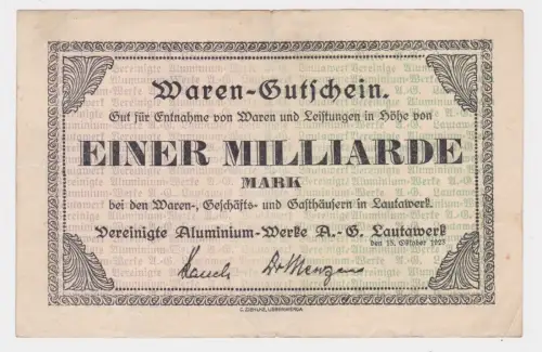 Banknote Inflation 1 Mill.Mark ver. Aluminium Werke A.G. Lautawerk 1923 (146244)