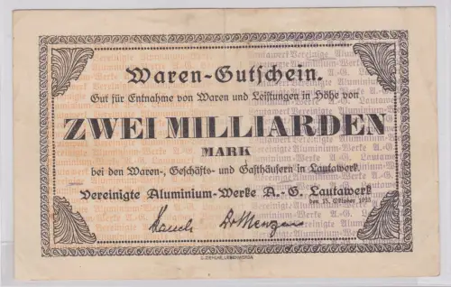 Banknote Inflation 2 Mill.Mark ver. Aluminium Werke A.G. Lautawerk 1923 (148653)